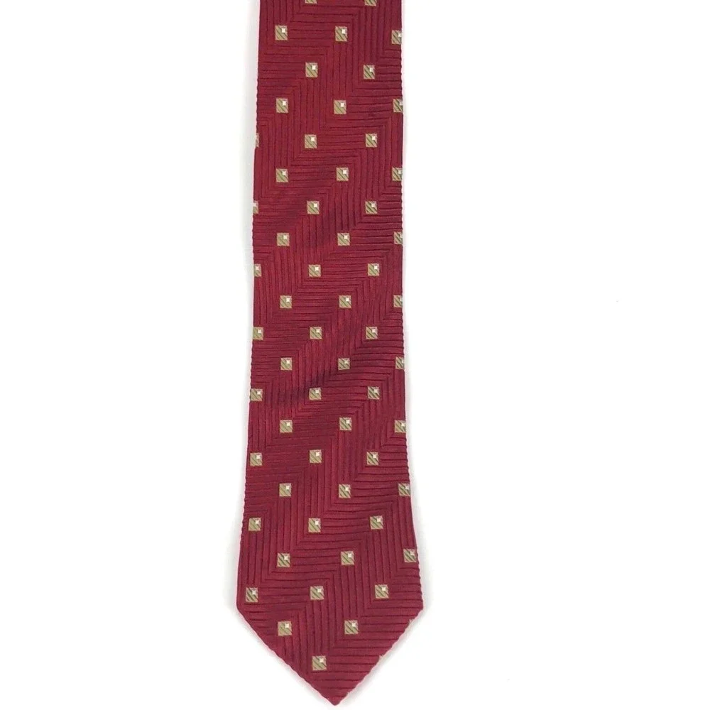 ERMENEGILDO ZEGNA Italy Red 100% Silk Geometric Tie w/ Beige Squares Design 59